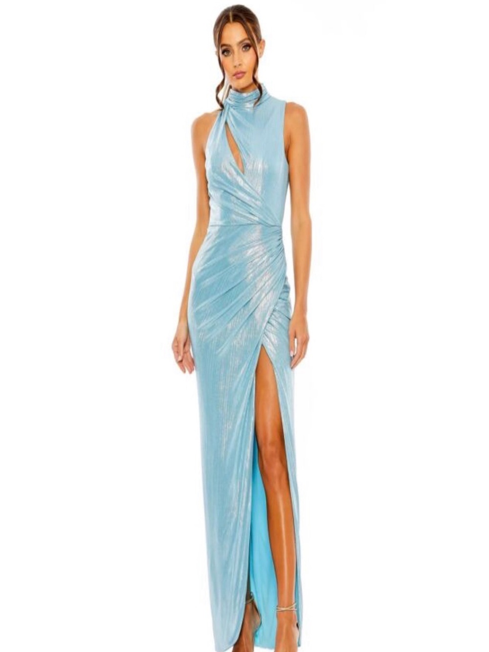 Metallic Light Blue High-Slit Wrap Maxi Dress